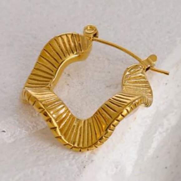 Gold Plated Stainless Steel Wavy Hoop Earrings - Picture 6 of 8